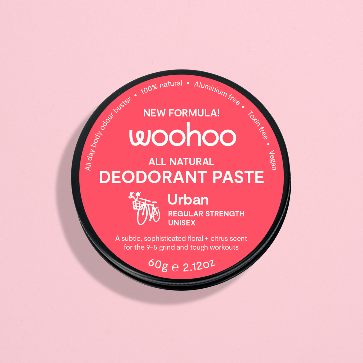 Woohoo Urban natural deodorant paste, 60g recyclable tin ā regular strength, floral-citrus scent with orange, cedarwood and palmarosa.
