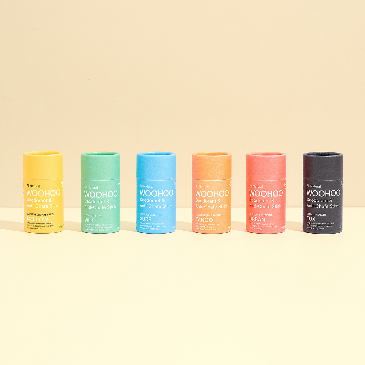 Woohoo Body Natural Deodorant Family Pack, six 60g anti-chafe sticks in plastic-free cardboard tubes